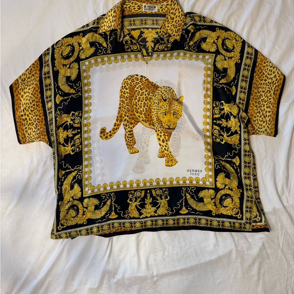 Custom Hermés Black and Gold Leopard scarf shirt.
